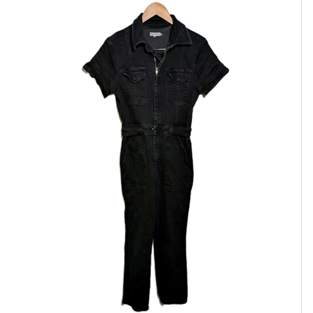 Good American Jumpsuit Women’s Size 3 Black Denim Zip Short Sleeve Utility
